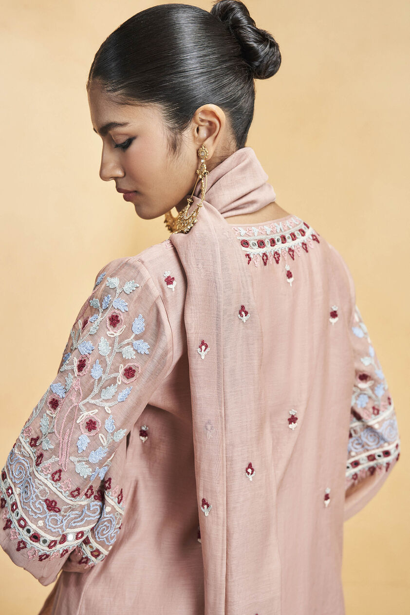 Philomel Embroidered Zardozi Silk Suit Set - Old Rose, Old Rose, image 5